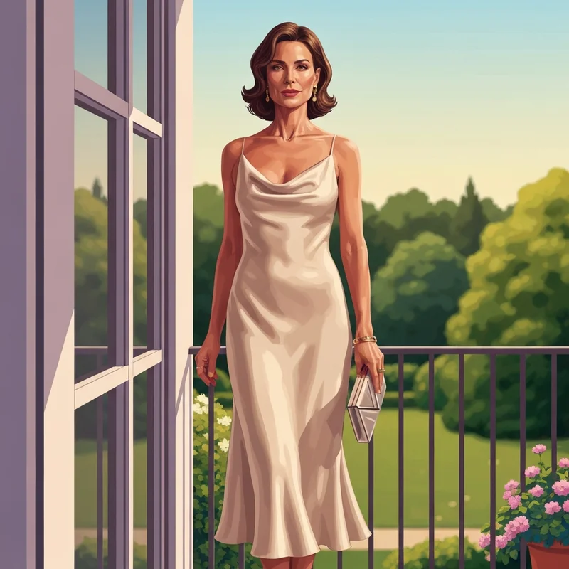 A woman confidently wearing a shimmering silky dress wedding guest outfit at a golden hour reception.