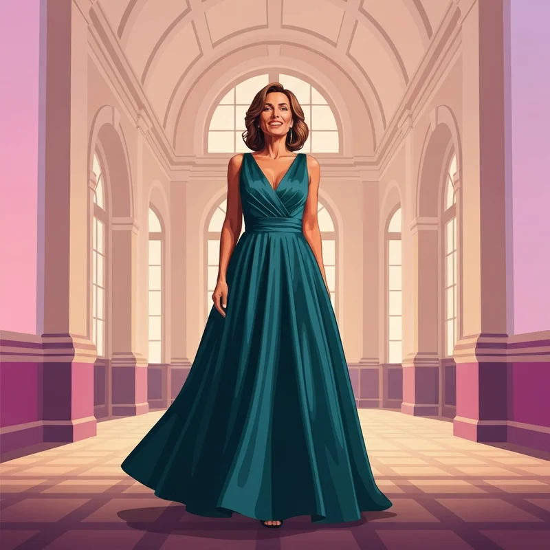 A sophisticated guest wearing one of the season's most elegant wedding guest long dresses in a ballroom setting.