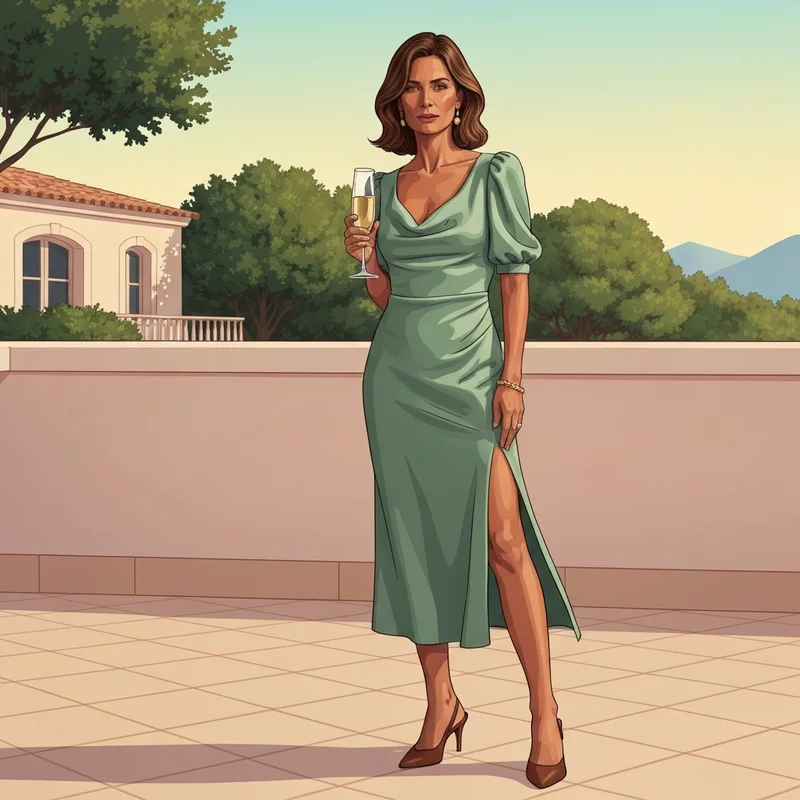 A woman wearing a stylish sage wedding guest dress at a high-end outdoor wedding reception.