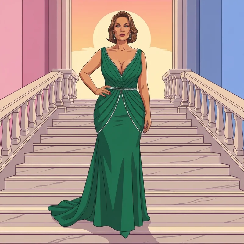 A woman exuding confidence in one of the most elegant formal plus size wedding guest dresses at a high-end evening event.