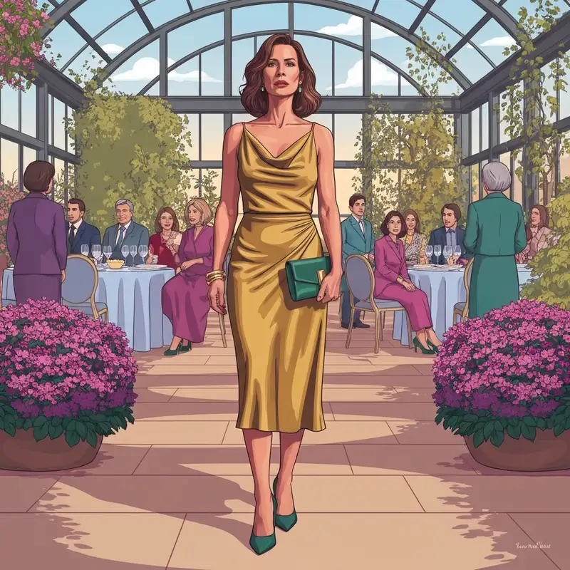 A woman wearing a sophisticated champagne dress for wedding guest attendance with high-contrast emerald accessories in a garden setting.