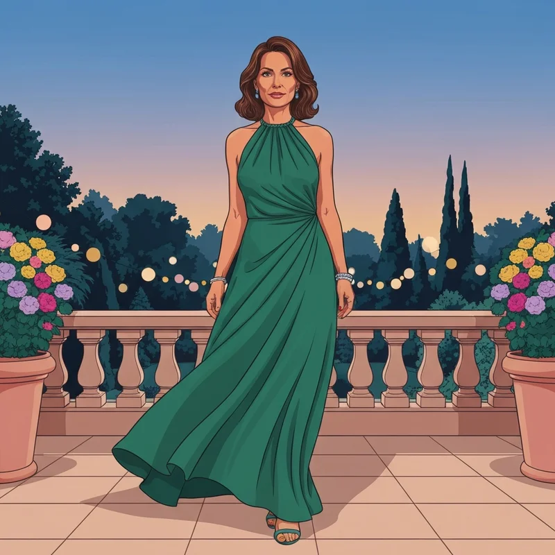 A woman wearing one of the best maxi wedding guest dresses at a formal garden event.