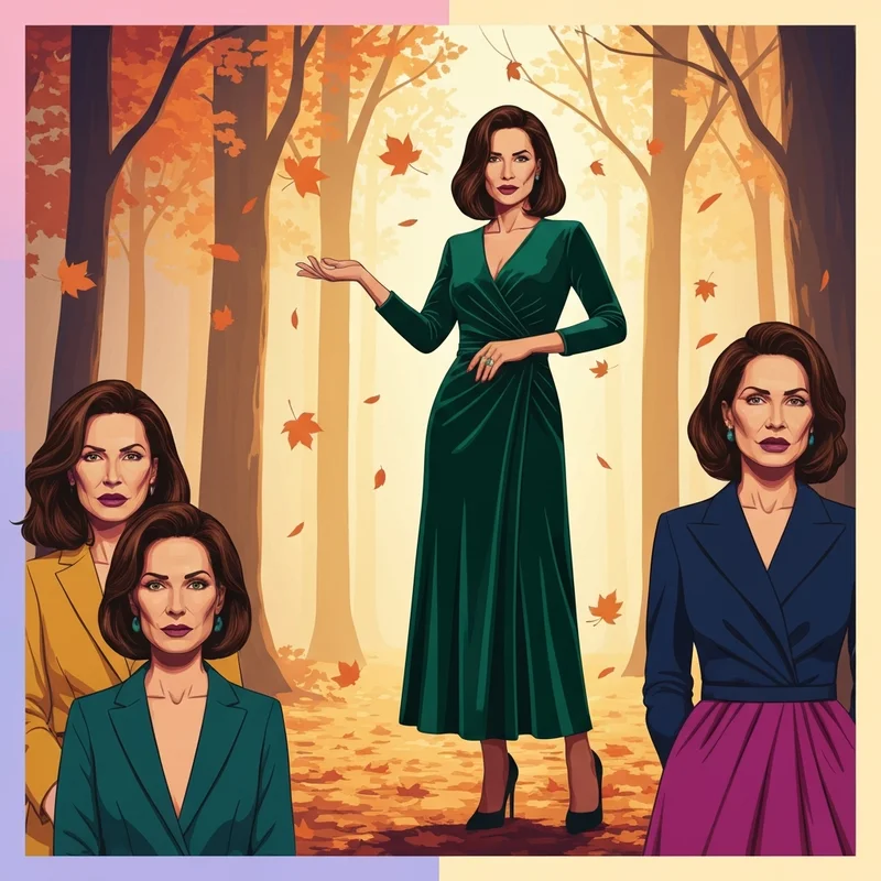 A woman wearing one of the best fall wedding guest dresses in emerald green velvet standing in an autumn forest.