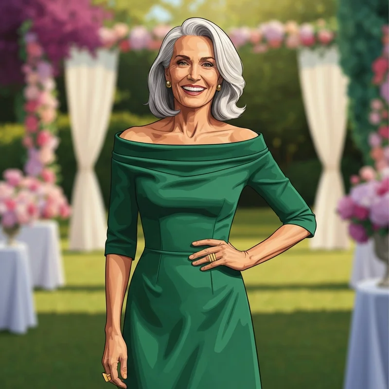 A woman wearing one of the many elegant dresses for wedding guests over 50 at a garden event.