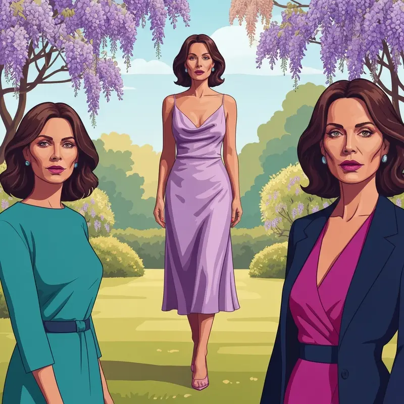 A woman modeling a beautiful lilac wedding guest dress in a garden setting.