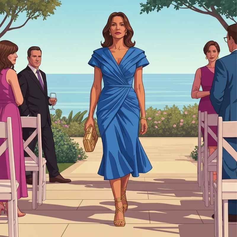 A stylish woman wearing one of the best blue dresses for wedding guest appearances at a coastal event.