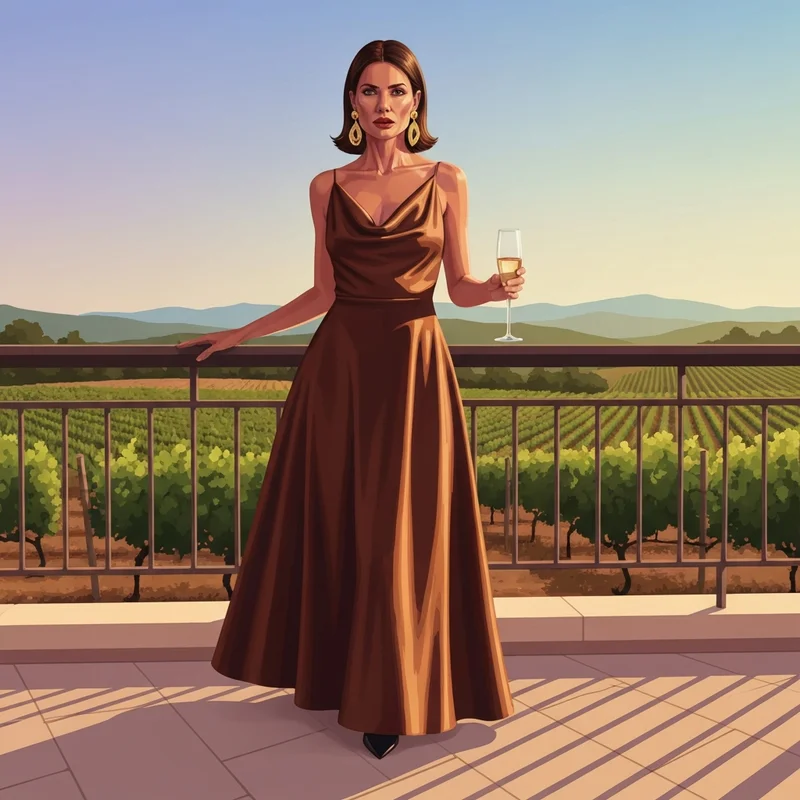 A woman wearing a sophisticated brown wedding guest dress in a sunset vineyard setting.