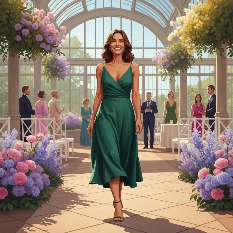 A woman wearing a stunning emerald green midi dress for wedding guest attendance at a garden ceremony.