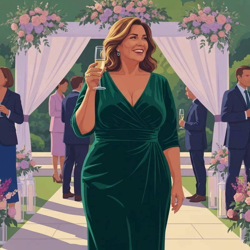A woman wearing one of the best plus size wedding guest dresses at a summer event.