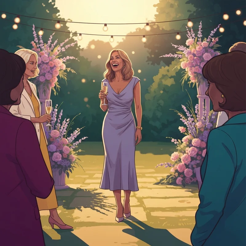 A woman wearing one of the best wedding guest dresses for women at a sun-drenched garden wedding celebration.