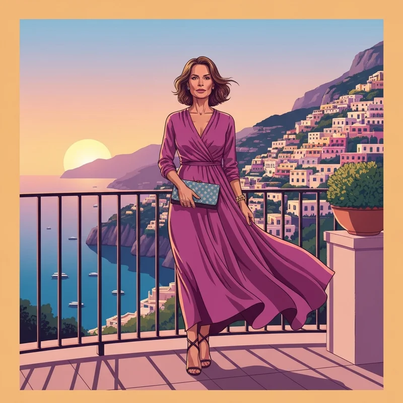 A stylish woman wearing one of the best destination wedding guest dresses on a luxury balcony.