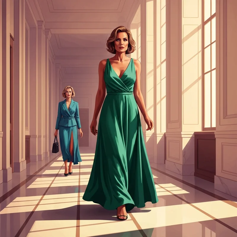 A woman wearing a stunning emerald green floor length wedding guest dress in a formal ballroom setting.
