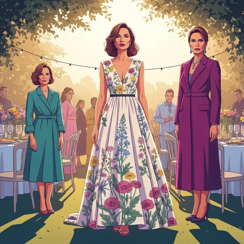 A stylish woman wearing a stunning floral wedding guest dress at an outdoor garden ceremony.