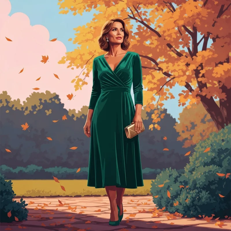 A woman wearing one of the most stylish wedding guest dresses fall styles in emerald green velvet.