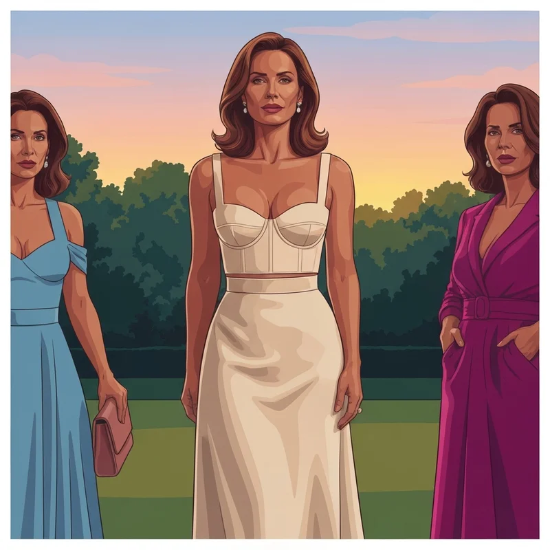 A woman wearing a chic two piece wedding guest dress at a garden ceremony.