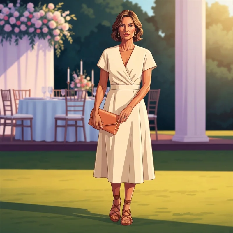 A woman wearing a stylish yellow dress wedding guest outfit at a garden ceremony.