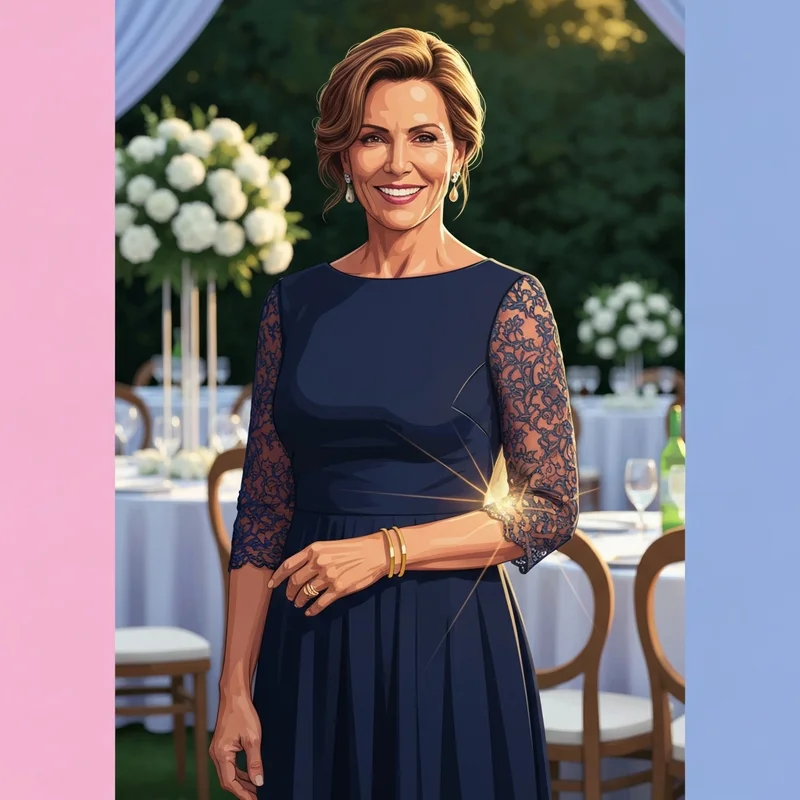 A sophisticated woman wearing elegant 3/4 sleeve wedding guest dresses at a garden ceremony.