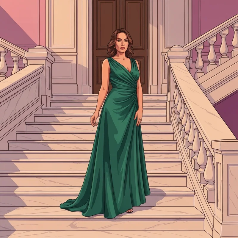 A woman wearing one of the most elegant long dresses for wedding guests at a formal event.