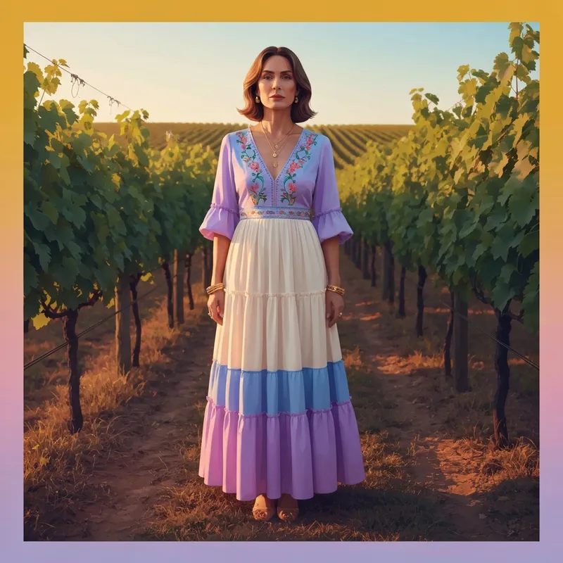 A woman wearing a sophisticated boho wedding guest dress in a vineyard setting.