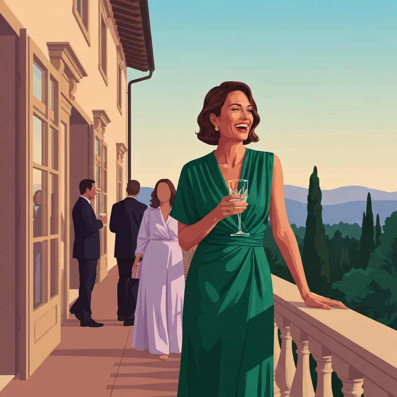 A woman wearing a sophisticated cocktail dress wedding guest outfit at a luxury sunset reception.