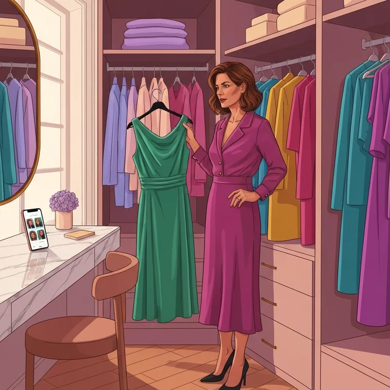 A woman selecting a sophisticated emerald green cocktail dress for wedding guest success in a modern closet.