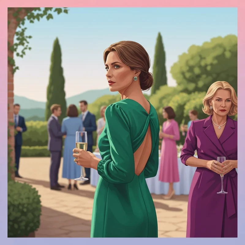 A woman wearing a sophisticated and sexy wedding guest dress at a garden ceremony.