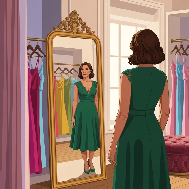 A woman trying on david's bridal wedding guest dresses in a beautiful boutique mirror.