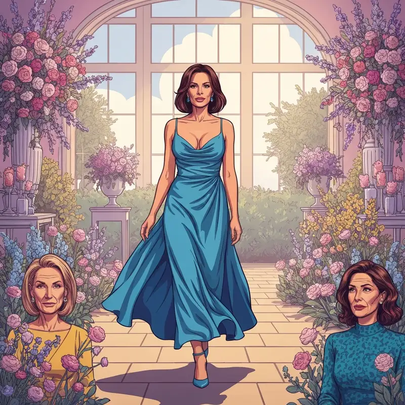 A woman wearing elegant blue dresses for wedding guests in a garden setting