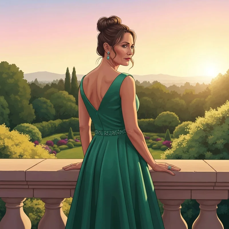 A stylish woman wearing a wedding guest dress midi at a sophisticated garden reception.