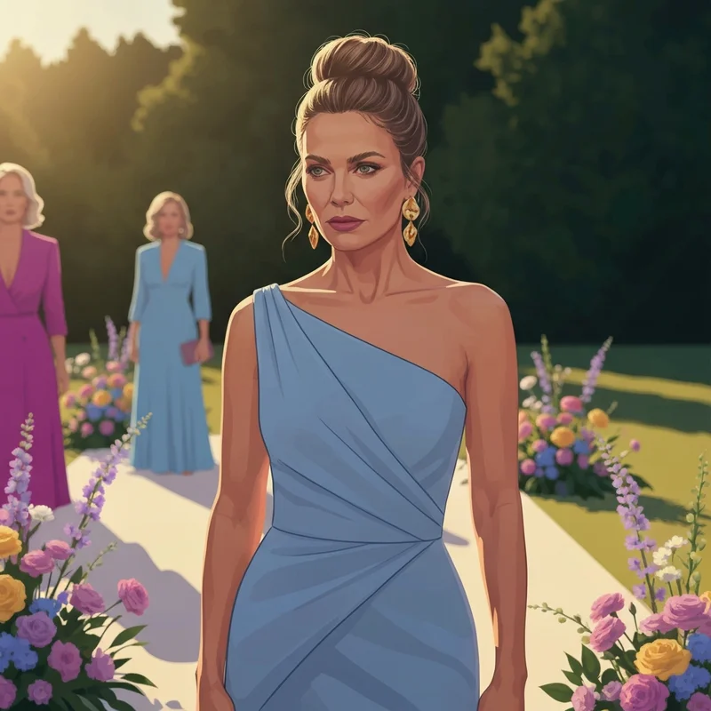 A woman wearing a stylish light blue dress for wedding guest attendance at an outdoor summer ceremony.