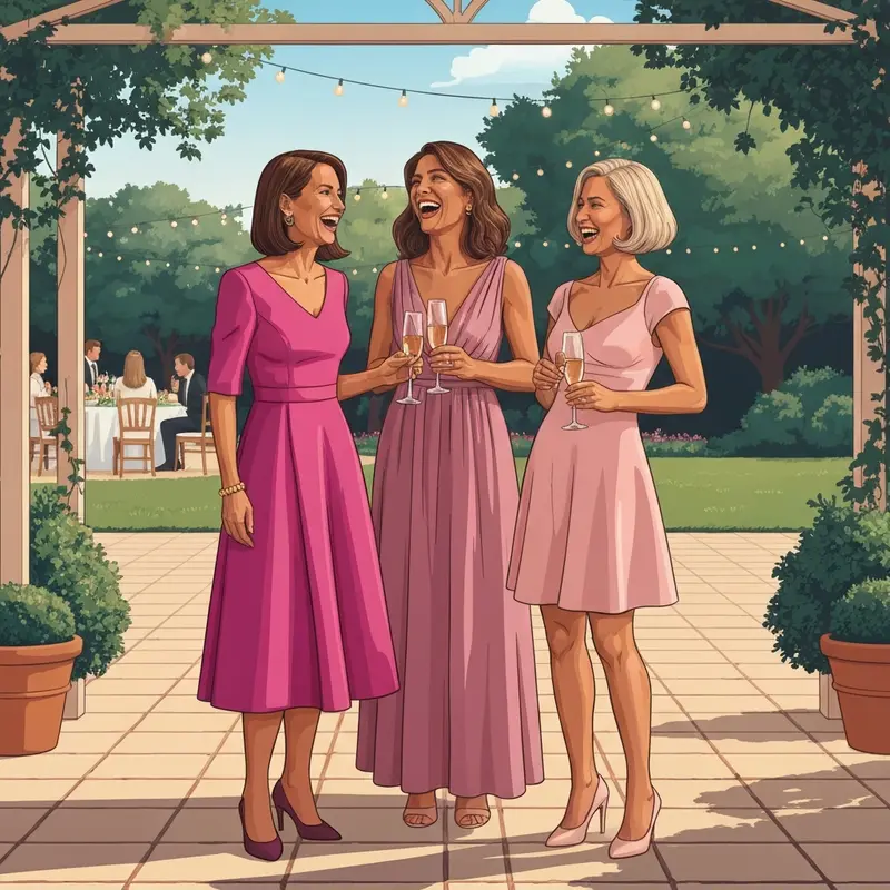 Three stylish women wearing different shades of pink wedding guest dresses at a summer garden wedding.