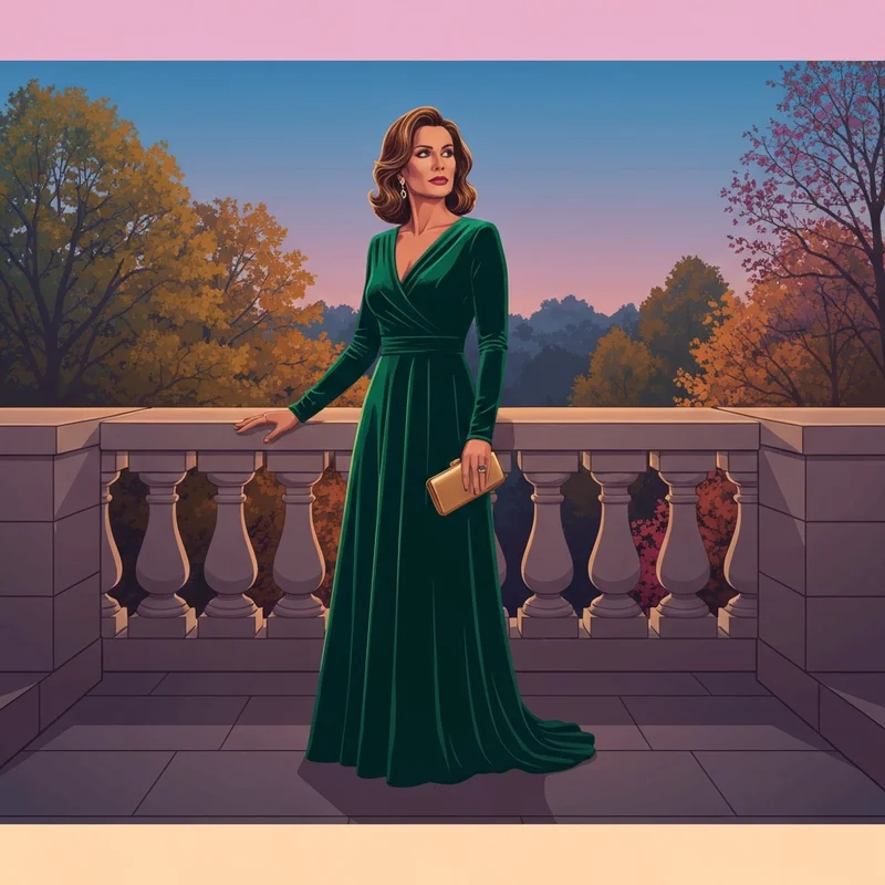 A woman wearing one of the most elegant formal wedding guest dresses fall in emerald green velvet.