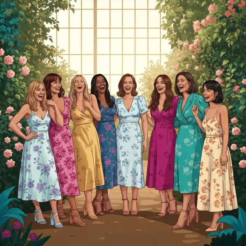 Group of women wearing various styles of dresses to wear to a garden wedding as a guest in a lush outdoor setting.