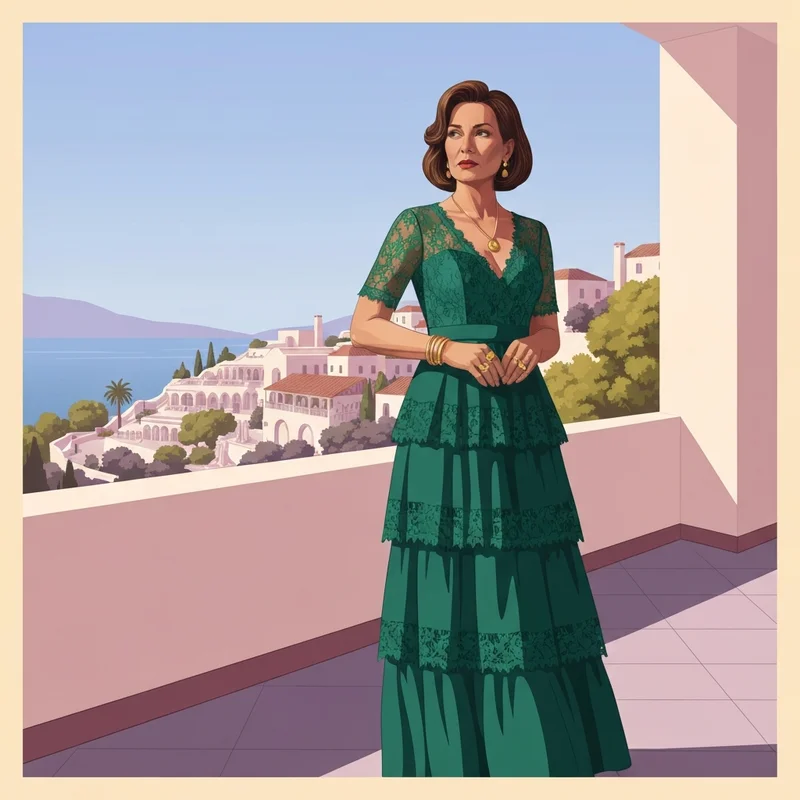 A woman wearing a stylish free people wedding guest dress at a luxury outdoor wedding venue.