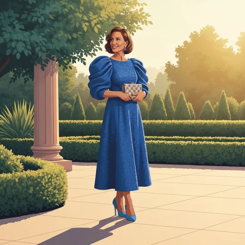 A woman wearing a stunning blue wedding guest dress at a luxury garden wedding.