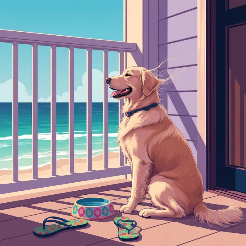 A happy dog enjoying a stay at one of the pet friendly places to stay in Galveston with a beach view.