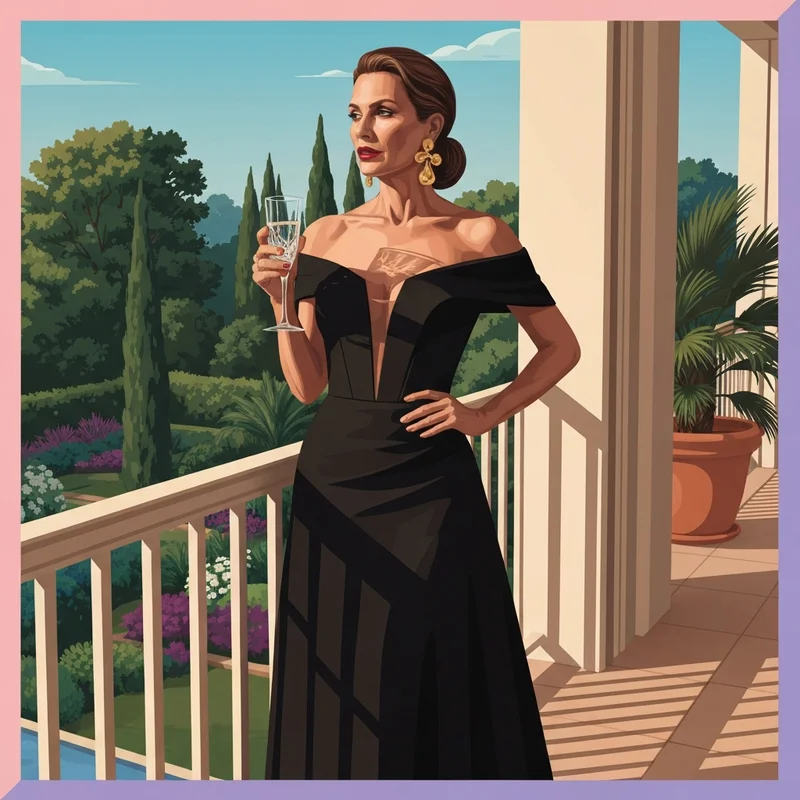 A woman wearing the best black dress for wedding guest elegance standing on a balcony.