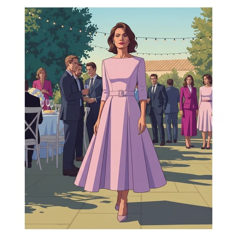 A woman wearing a stunning a line wedding guest dress at a golden hour reception.