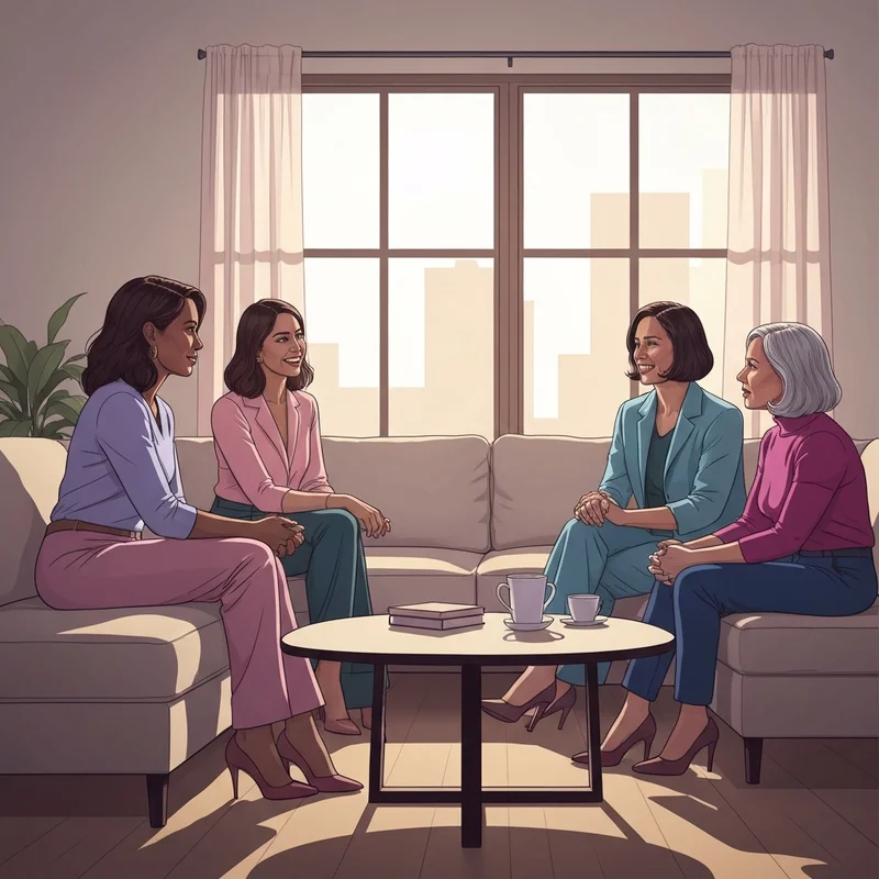 A group of women exhibiting the qualities of a friend through deep conversation and emotional connection in a cozy living room.
