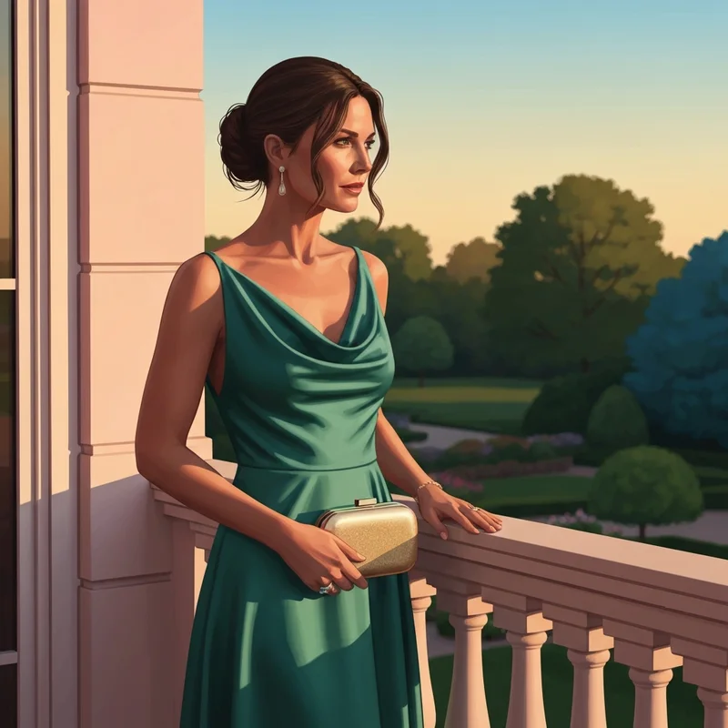 A woman wearing a stunning emerald satin wedding guest dress at a golden hour ceremony.