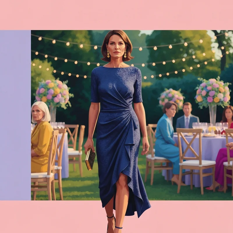 A woman wearing a stylish navy dress for wedding guest at an outdoor garden reception.