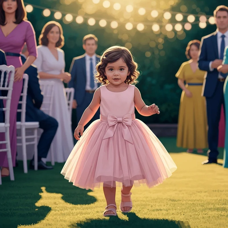 A happy young girl wearing a stylish toddler wedding guest dress at an outdoor ceremony.