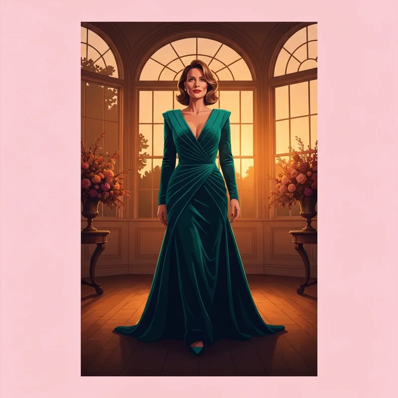 A sophisticated woman wearing a black tie wedding guest dress fall style in deep emerald velvet at a formal evening event.