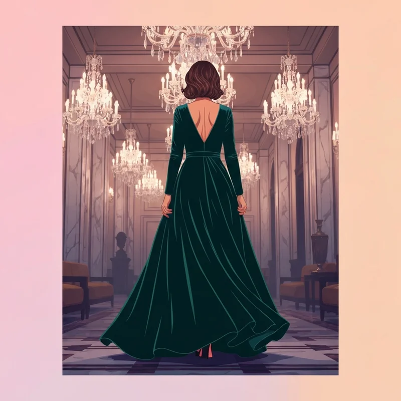 A woman wearing a stunning black tie wedding dress guest gown in a formal ballroom setting.