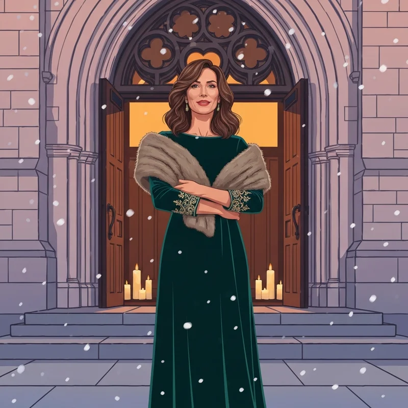 A woman wearing one of the best wedding guest dresses winter styles in emerald velvet with a faux fur stole.