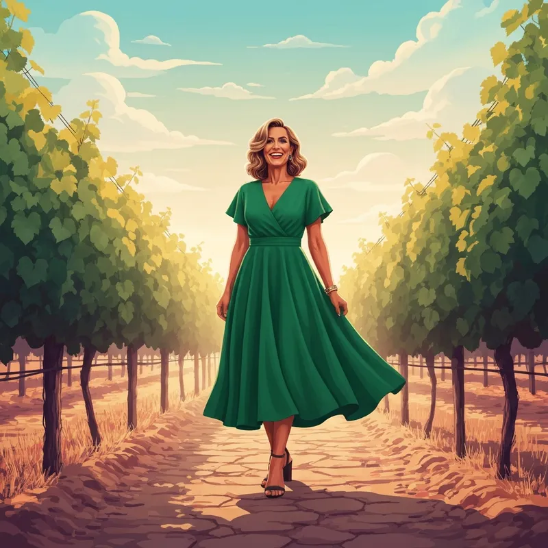 A woman wearing one of the most stunning a line plus size wedding guest dresses at a sunset vineyard wedding.