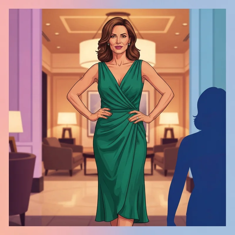 A woman wearing a sophisticated emerald green guest of a wedding dress in a luxury setting.