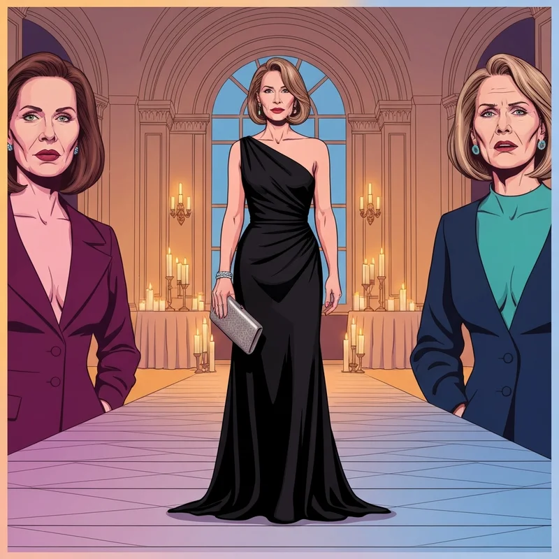 A woman wearing a stunning black formal wedding guest dress in a luxurious ballroom setting.