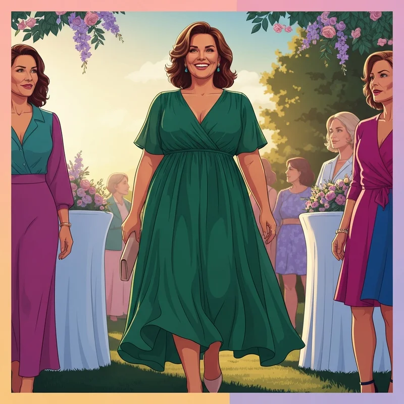 A woman wearing a stunning plus size summer wedding guest dress at a garden ceremony.