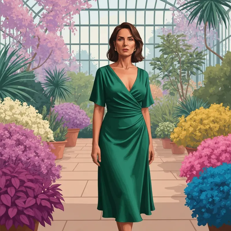 A woman posing in a stunning emerald green semi formal wedding guest dress at an outdoor garden venue.